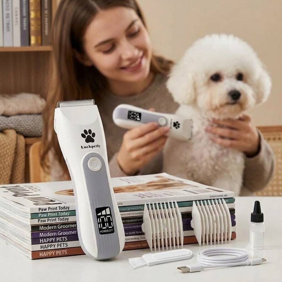 Luckpetly 寵物理毛剪,適用於狗和貓美容,靜音無線狗美容套裝,附 LED 電量顯示,USB 充電式寵物修剪器,附導向梳 - 查看 1