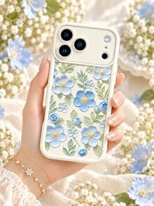 1pc Cream White Background 3D Oil Painting Blue Floral Phone Case, Fresh Artistic Floral Pattern Anti-Fall Full Coverage Protective Shell Compatible With IPhone 18 Pro Max/18 Pro/17/16/15/14/13/12/11/Pro/Pro Max/X/XR/XS/XS Max/7/8/Plus, /Honor - Beige - View 5