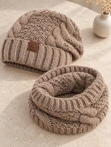 2pcs Set Cable Knit Hat & Scarf, Autumn/Winter Warm Leather Label Pullover Beanie & Thick Cold-Proof Knit Scarf Set - Multicolor - View 5