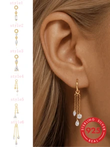 1pc 925 Sterling Silver Classic Geometric Cubic Zirconia Pendant Earrings, Hypoallergenic Exquisite Jewelry, Suitable For Women's Daily, Vacation, Party, Holiday Gift - Gold - View 2