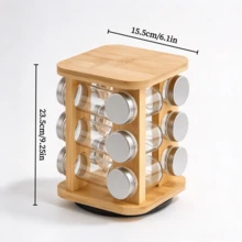 A Rotating Bamboo Spice Rack Set Featuring Multiple Glass Jars With Airtight Metal Lids; A Countertop Organizer Suitable For Storing A Variety Of Seasonings And Spices In The Home Kitchen. - Multicolor - View 8