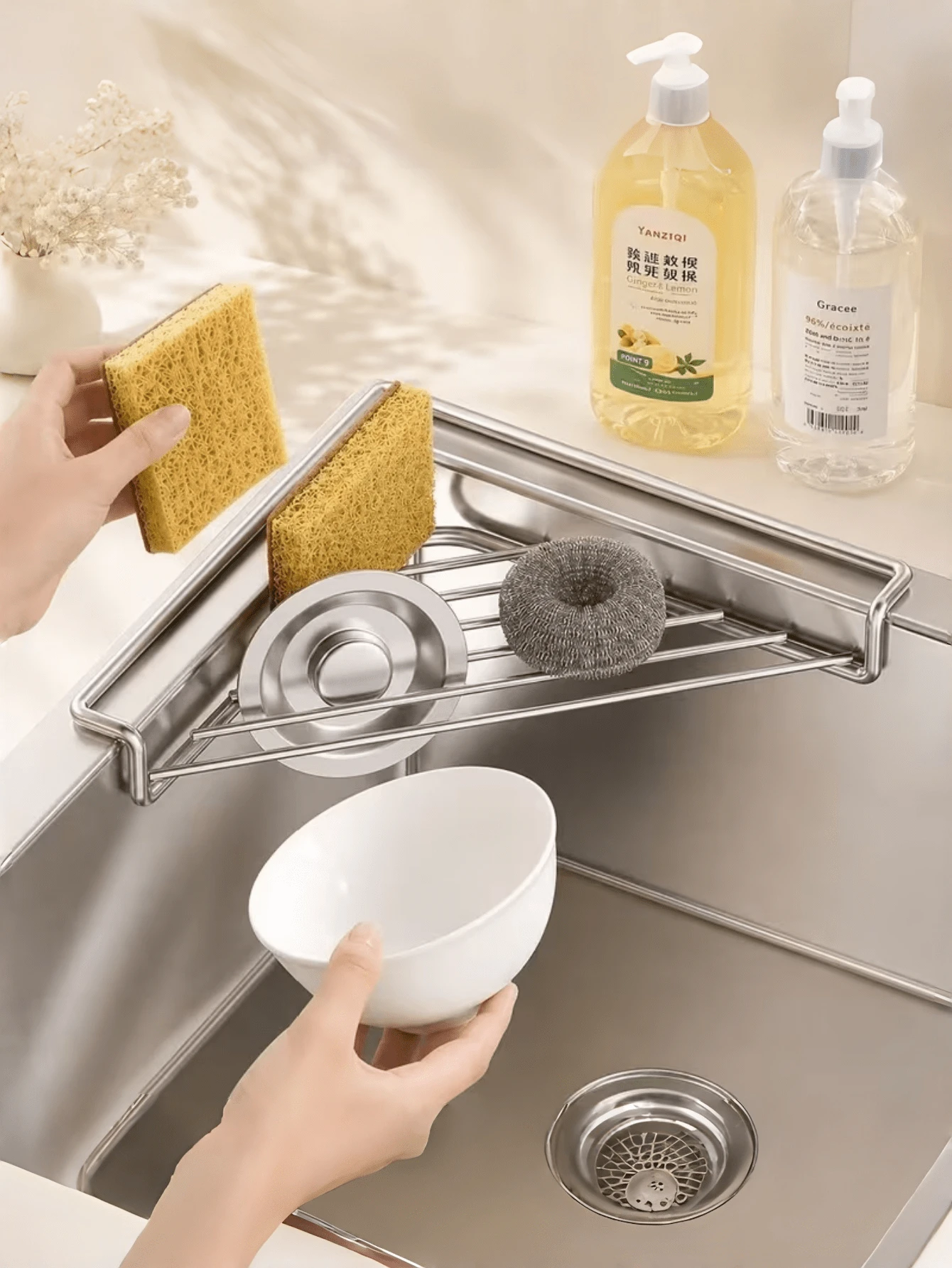 1/2pcs Corner Sink Storage Rack, Kitchen Sink Strainer, Kitchen Accessories, Triangle Kitchen Sponge Holder, Space-Saving, Stainless Steel Material, Waterproof And Rust-Proof, Suitable For Dish Soap, Brushes, Drain Rack And Countertop, Applicable For Kitchen, Restaurant And Home - A - View 1