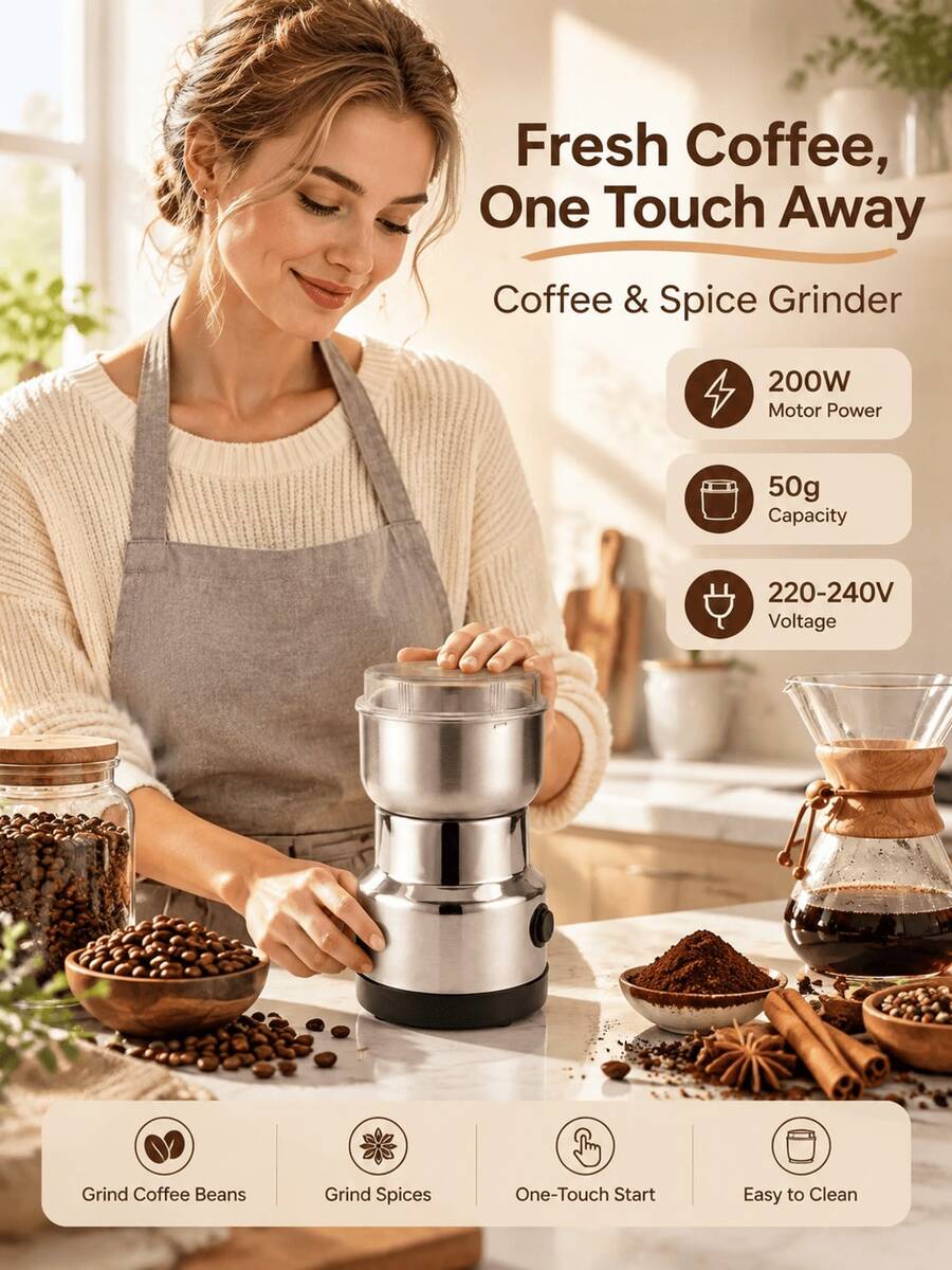 SMEG is gems Penggiling Biji Kopi Stainless Steel Bertenaga Tinggi 200W, Langsung Colok, Desain Ringkas, Pengoperasian Sekali Sentuh, Cocok untuk Dapur Rumah - Perak - View 1