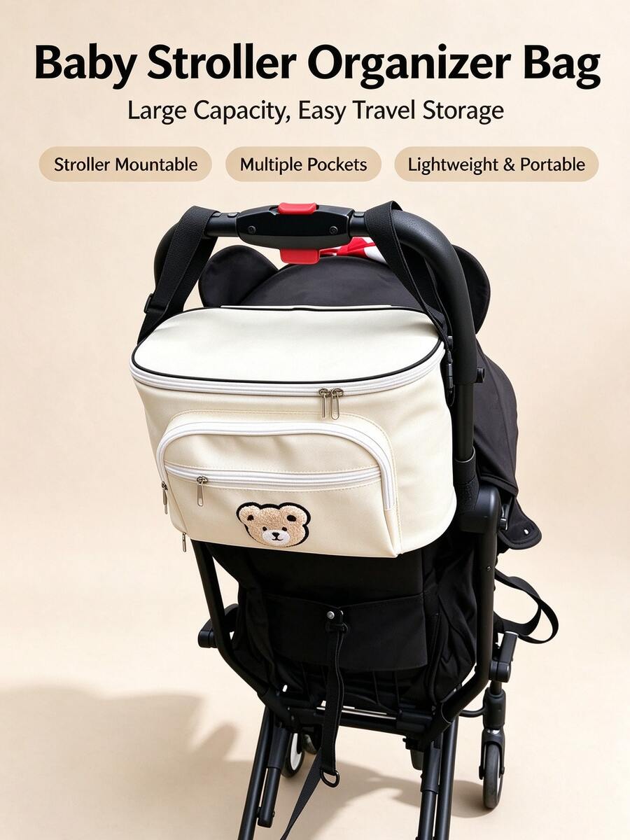 1pc Multifunctional Universal Stroller Storage Bag, Hanging Diaper Organizer, Large Capacity, Portable Stroller Accessory For Travel - Beige - View 1