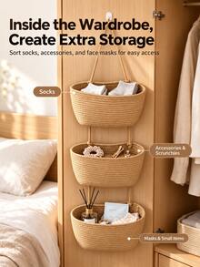 Woven Hanging Storage Basket, Decorative Door Hanging Storage Basket, Detachable Decorative Storage Basket, Space-Saving Cosmetic Storage Basket, Suitable For Kitchen, Bedroom, Bathroom, Plants And Small Items Storage - Multicolor - View 5