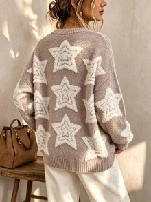 Áo cardigan len dệt jacquard họa tiết sao cổ chữ V nữ, vai trễ, tay dài, có cúc cài trước và túi, chất len mềm, áo len thường ngày phong cách casual cho mùa thu/đông - Màu Khaki - Xem 4