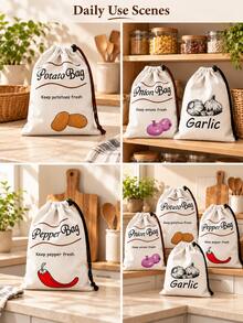 Drawstring Kitchen Storage Bag, Printed Potato Onion Chili Garlic Storage Bag, With Rope Closure, Lightweight Food Countertop Storage Bag, For Home Kitchen Organization, Daily Groceries And Household Storage - Multicolor - View 10