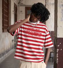 FRACTYR Men's Summer Short Street Letter Stripe Print Pattern, American High Street Loose Crew Neck T-Shirt, Comfortable For Outdoor Wear - Red - View 1
