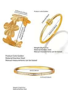 VceTd 3PCS Elegant Style Stainless Steel Women's Bracelet With Plumeria Flower Design, Suitable For Vacation And Travel - Yellow Gold - View 2