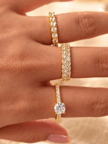 18K Gold Plated Luxury Stackable Ring Set, Double Layer Full Rhinestone Sparkling Starry Sky Personalized Ring, Hypoallergenic Minimalist Jewelry, Perfect Christmas Gift, Travel & Vacation Accessory - Gold - View 1