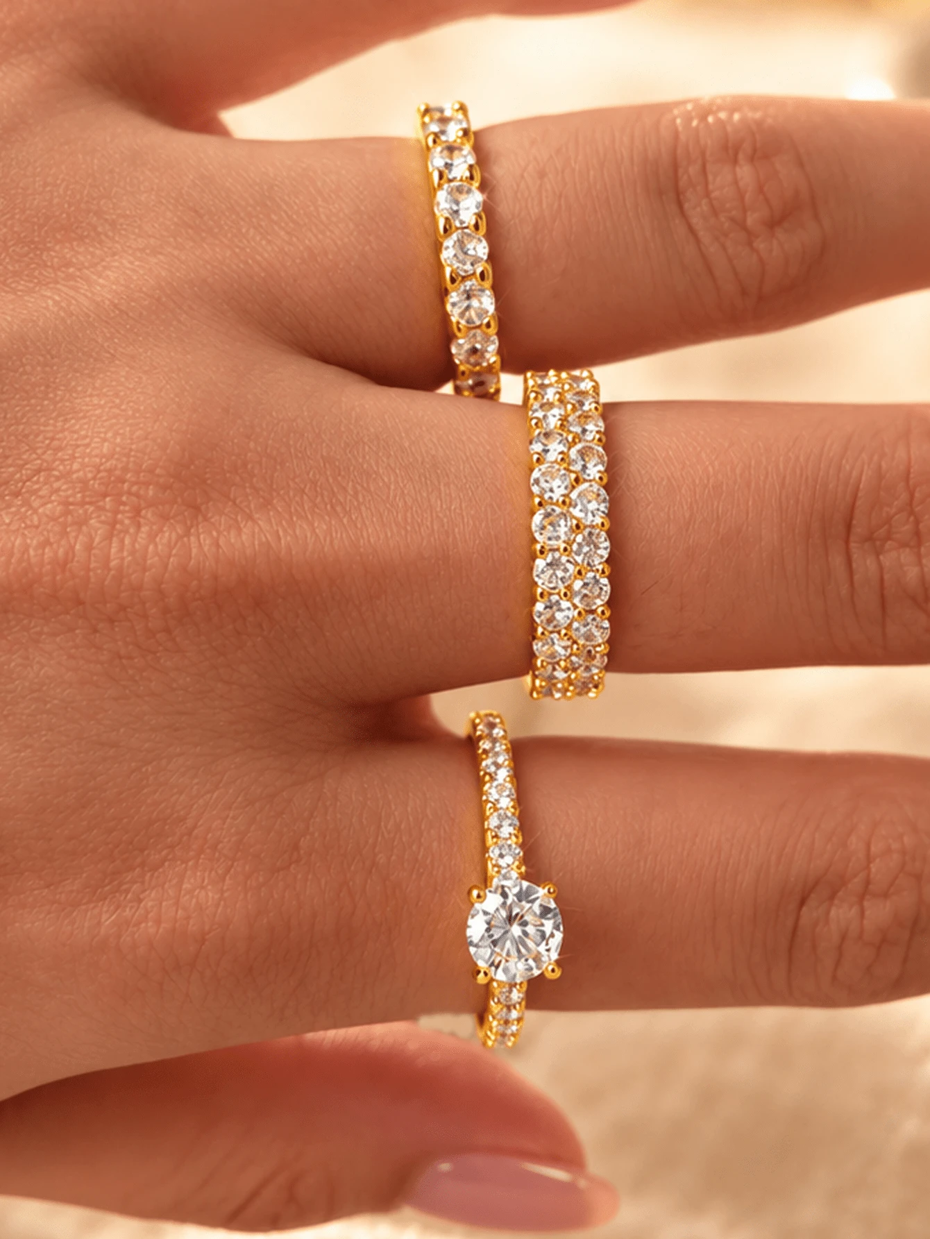 18K Gold Plated Luxury Stackable Ring Set, Double Layer Full Rhinestone Sparkling Starry Sky Personalized Ring, Hypoallergenic Minimalist Jewelry, Perfect Christmas Gift, Travel & Vacation Accessory - Gold - View 1