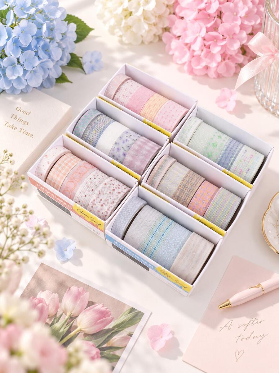 5 Rolls/Box Of Minimalist Patterned Glitter PET Tape, Featuring Hearts, Dots, Stars And More For School Supplies, Gift Wrapping, Scrapbook Decorating. - Multicolor - View 1
