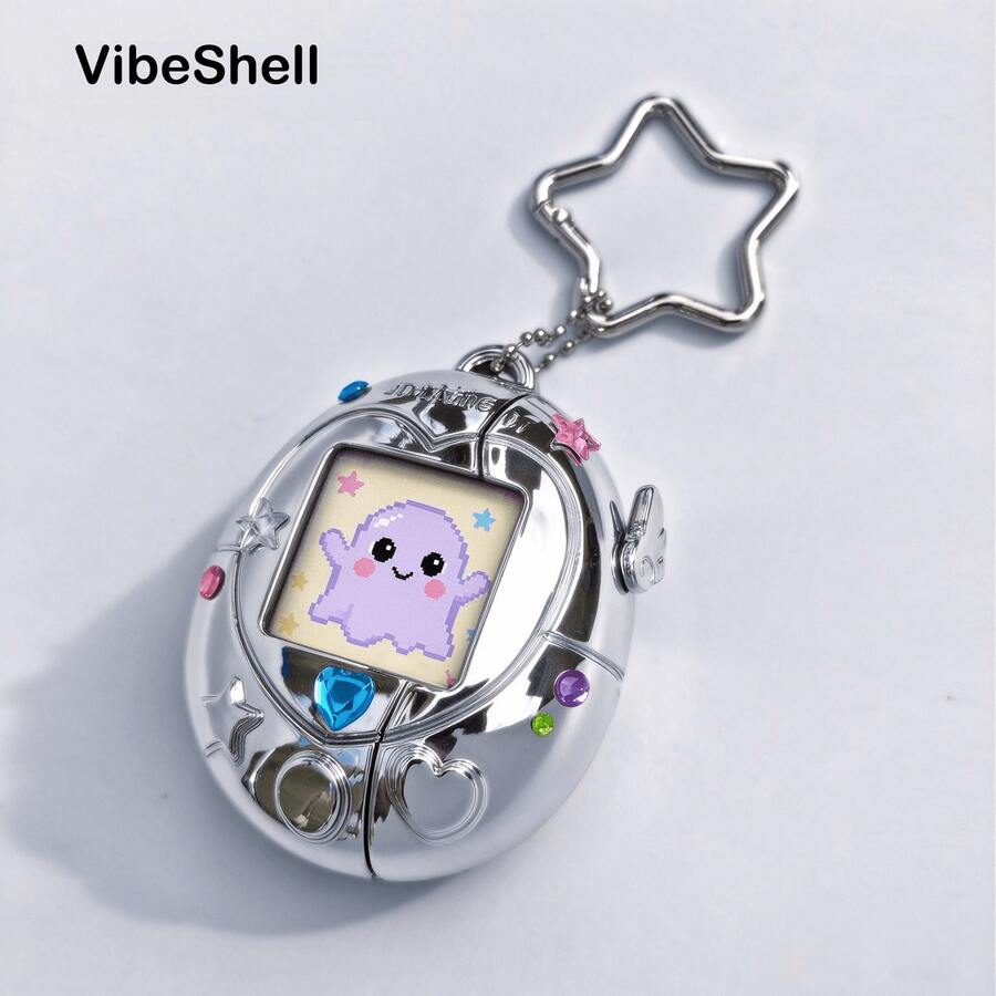 Apple Earphone Protective Case, 2 Interchangeable Pattern Cards (Little Ghost + Little Cat), 3D Lenticular Mirror Metal Shell, Pearl Hanging Chain, Anti-Drop, DIY Rhinestone Sticker, VibeShell Tech, Halloween Customized Edition - View 1