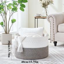 1pc Household Storage Basket For Clothes And Toys – Large Woven Basket For Laundry, Blankets, Pillows, And Toys; Suitable For Kitchen, Living Room, And Laundry Room – Portable, Foldable Rope Basket (White/Grey) - White/Brown - View 4