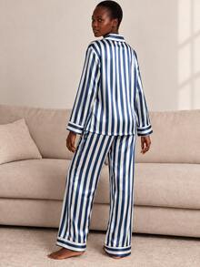 2pcs/Set Women's All-Season Vertical Striped Satin Pajama Set, Deep V-Neck Lapel Long Sleeve Loose Wide Leg Loungewear Set - Navy Blue - View 2