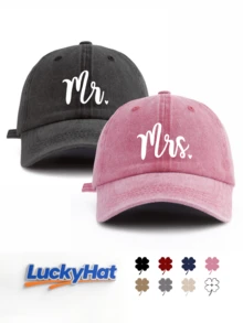 「Mr.」與「Mrs.」字母圖案印花棒球帽，復古水洗風情侶款爸爸帽，適合蜜月禮物 - 先生與夫人 - 查看 8