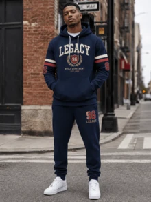Men's Speedway 87 Vintage Letter Print Hoodie + Joggers 2 Pieces Set, Retro Striped Sleeve Drawstring Sports Outfit - Multicolor - View 1