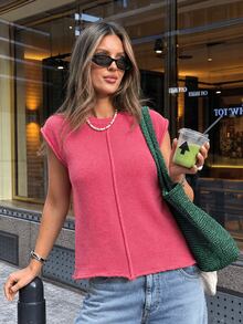 JustMiss Women's Knit T-Shirt Round Neck Cap Sleeve Short Sleeve Loose Straight Casual Knit Top Spring Summer - Pink - View 2