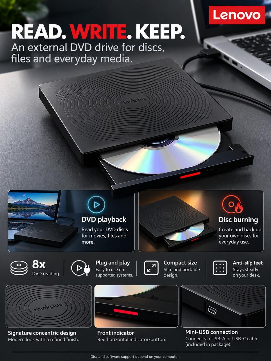 Lenovo Pembakar DVD eksternal, kecepatan baca/bakar 8x all-in-one, antarmuka ganda USB Type-C, drive optik eksternal universal untuk laptop dan desktop, pembaca dan pembakar cakram komputer TX708 QXA1P14058 - View 1