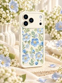 1pc Cream White Background 3D Oil Painting Blue Floral Phone Case, Fresh Artistic Floral Pattern Anti-Fall Full Coverage Protective Shell Compatible With IPhone 18 Pro Max/18 Pro/17/16/15/14/13/12/11/Pro/Pro Max/X/XR/XS/XS Max/7/8/Plus, /Honor - Beige - View 2