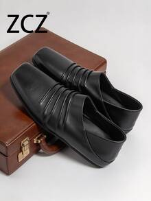 ZCZ Men's Wrinkled Square Toe Slip-On Loafers, Flat Heel Casual Shoes - Black - View 10