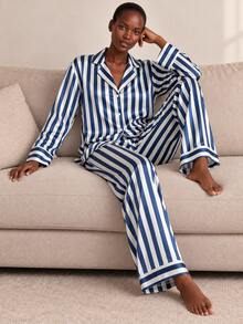 2pcs/Set Women's All-Season Vertical Striped Satin Pajama Set, Deep V-Neck Lapel Long Sleeve Loose Wide Leg Loungewear Set - Navy Blue - View 1