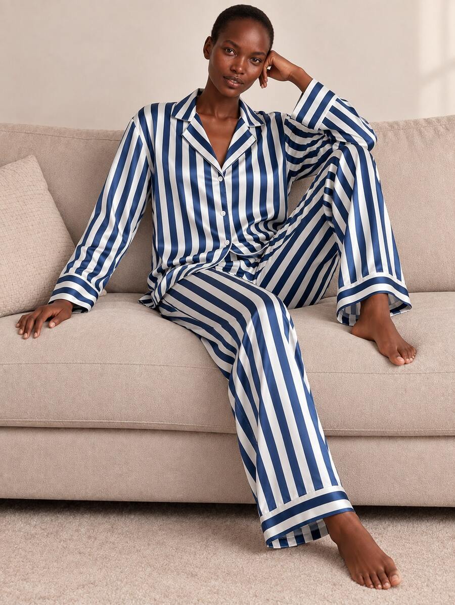 2pcs/Set Women's All-Season Vertical Striped Satin Pajama Set, Deep V-Neck Lapel Long Sleeve Loose Wide Leg Loungewear Set - Navy Blue - View 1
