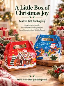 3pcs Christmas Snack Gift Box With Handle, Santa Claus Gingerbread House Reindeer Pattern, Holiday Party Candy Cookie Packaging Box - Multicolor - View 7