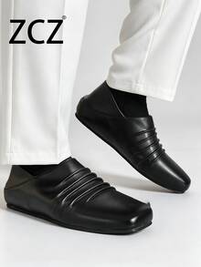 ZCZ Men's Wrinkled Square Toe Slip-On Loafers, Flat Heel Casual Shoes - Black - View 4