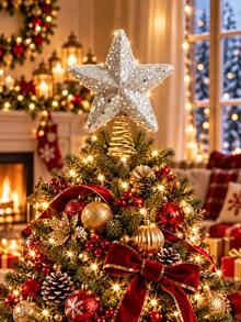 1pc Glitter Gold Star Christmas Tree Topper, Holiday Indoor Decoration, Shiny Metallic Design, Suitable For Christmas Tree, Home Holiday Decor - Multicolor - View 5