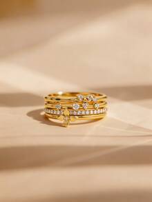 1 buah Cincin Batu Permata Putih Bulat Mewah Berlapis Emas 18K, Cincin Bertumpuk Berlapis, Cincin Berlian Bunga, Hadiah Pesta Liburan yang Istimewa untuk Wanita - Yellow Gold - View 5