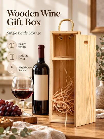 Vintage Minimalist Wood Grain Rectangular Natural Wood Color Single Bottle Wine Box, Vertical Body With Sliding Lid, Round Opening And Rope Handle Details, Suitable For Red Wine, White Wine And Bottled Beverage Storage And Display, Combines Wine Bottle Storage, Hand-Carried Portability, Gift Packaging And Home Decor Functions, Can Be Used In Kitchen, Dining Room, Wine Cabinet, Bar, Living Room, Party And Store Display Scenes, Suitable For Birthday, Housewarming, Wedding, Anniversary, Holiday Gifts And Wine Gift Packaging