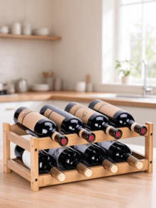 Bamboo Wine Bottle Rack, Small Double-Tier Wine Rack, Holds 8 Bottles, Suitable As A Tabletop Wine Display Rack For Restaurant Counters. Dimensions: 45 * 23.5 * 16.5 Cm - View 1