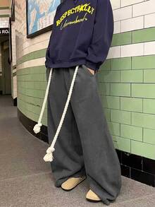 Men's High Street Thick Rope Drawstring Wide Leg Sweatpants, Loose Draping Gray Sports Pants, Casual Long Pants With Belt Loops, Essential For Home Leisure And Outdoor Travel - Dark Grey - View 1