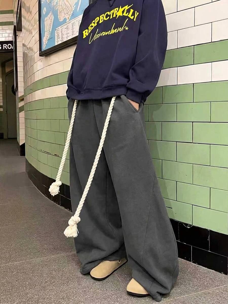 Men's High Street Thick Rope Drawstring Wide Leg Sweatpants, Loose Draping Gray Sports Pants, Casual Long Pants With Belt Loops, Essential For Home Leisure And Outdoor Travel - Dark Grey - View 1