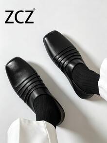 ZCZ Men's Wrinkled Square Toe Slip-On Loafers, Flat Heel Casual Shoes - Black - View 2