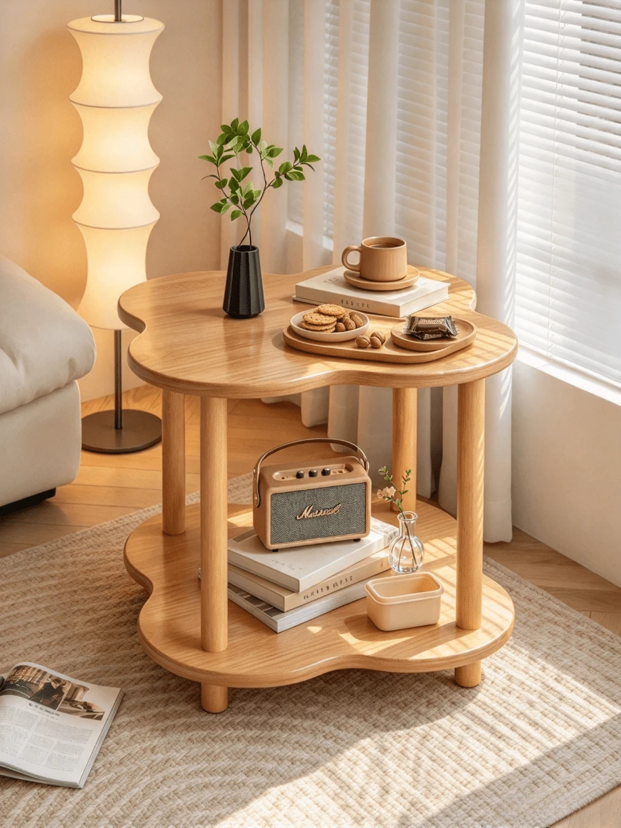 Log Style Double Layer Wavy Side Table, Floor Storage Coffee Table In Fresh Log Color, Multi-Layer Storage Corner Table, Easy To Assemble Sofa Side Table, Suitable For Home Living Room, Bedroom Bedside, Apartment Small Space, Leisure Reading Area - Multiple Specifications - View 1
