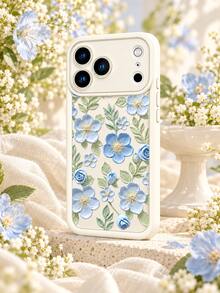 1pc Cream White Background 3D Oil Painting Blue Floral Phone Case, Fresh Artistic Floral Pattern Anti-Fall Full Coverage Protective Shell Compatible With IPhone 18 Pro Max/18 Pro/17/16/15/14/13/12/11/Pro/Pro Max/X/XR/XS/XS Max/7/8/Plus, /Honor - Beige - View 4