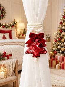 Christmas Tree Bow Curtain Tiebacks, Sequin Holiday Curtain Tie Ropes With Pearl Decoration, Decorative Curtain Clasps For Sheer Curtains And Fabric Drapes, Suitable For Bedroom, Living Room And Holiday Home Decor - Multicolor - View 14