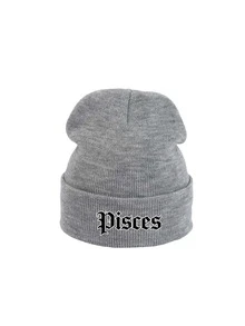 1pc Unisex Dark Grey Knit Beanie Hat, Custom Zodiac Sign Printing Winter Skull Cap For Outdoor & Gift - Grey - View 9