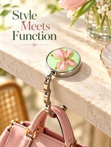 Round Floral Design With Colorful Petal Details And Foldable Metal Hook, Portable Compact Handbag Hook, Prevents Bag From Touching The Ground, Suitable For Office Desk, Student Desk, Cafe Table, Dining Out And Travel, Key Chain - Multicolor - View 7