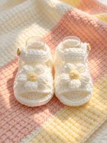1 Pair Infant Sandals, White Crochet Knit, Flower Decor, Slip-On Style, Soft Sole - White - View 2