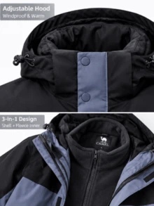 CAMEL CROWN Men's 3-In-1 Waterproof Jacket With Fleece Liner, Windproof Hooded Winter Coat, Warm Outdoor Jacket For Hiking, Camping, Skiing And Travel - Blue Cloud Gray Phantom Black - View 3