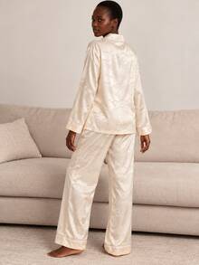 Women's Autumn/Winter Solid Color Jacquard Satin Patch Pocket Front Button Long Sleeve Pants Pajama Set - Champagne - View 2