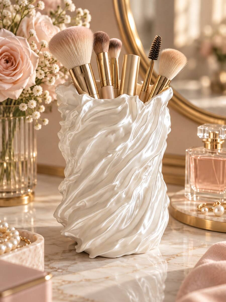 1pc Glossy Wavy Toothbrush Holder, Decorative Bathroom Countertop Storage Cup, Can Hold Toothbrush, Toothpaste, Razor And Daily Toiletries, Fashion Bathroom Sink Storage Container, Suitable For Vanity Decor And Bathroom Organization, Women's Gift - Multicolor - View 1