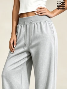 mulinsen Women's High Waist Drawstring Wide Leg Pants, Loose Drape Athletic Casual Long Pants, Slimming Straight Leg Floor Length - Grey - View 5