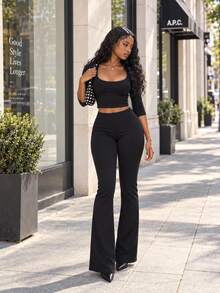 Autumn Everyday Matching Sets For Women Going Out 2 Pieces Set Black Crewneck Tops Pants Set For Date Night Out - Black - View 1