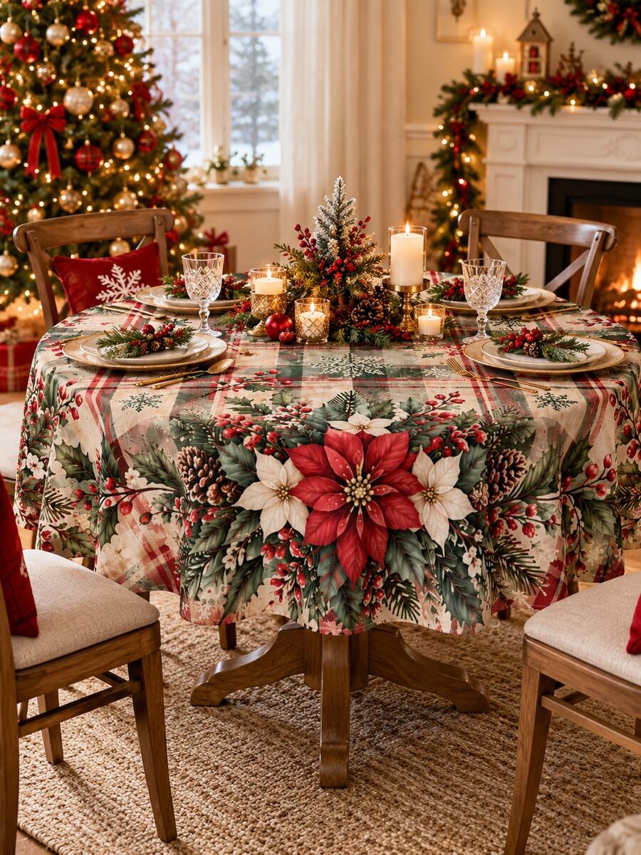 1pc Christmas Tablecloth, Vintage Plaid Poinsettia Pine Berry Print Premium Polyester Round Or Rectangle Table Cover, Soft Durable Lightweight Dining Table Protector For Xmas Holiday Party Winter Home Decor - Multicolor - View 1