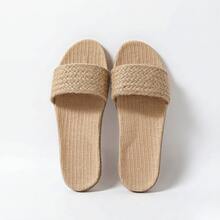 Women's Linen House Slippers Open Toe Breathable Lightweight Non‑Slip PVC Sole Indoor Bedroom Home Shoes - Khaki - View 5