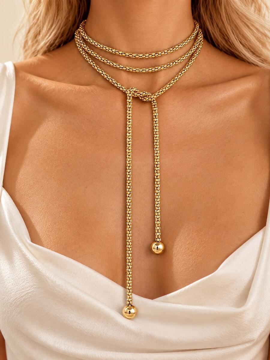 European Fashion Chunky Braided Metal Long Gold Color Necklace Adjustable Drawstring Versatile Layering Necklace For Women Jewelry Gifts - Yellow Gold - View 1